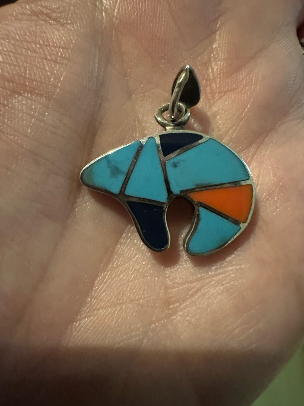 Sterling Inlay Bear Charm Pendant in Turquoise & Orange Reversible see back - Picture 2 of 6